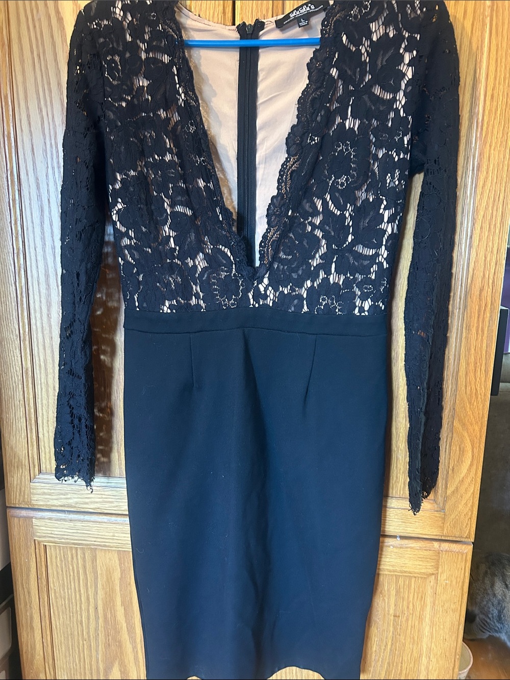 Lulu's Black Lace Long Sleeve Deep V Sheath Dress